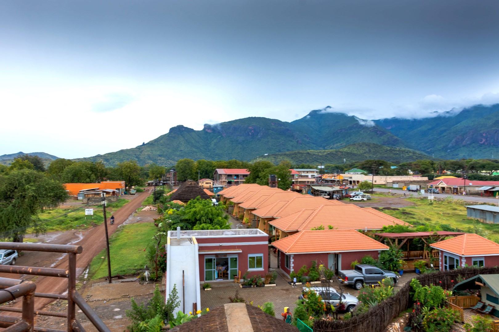 Mount Moroto rising behind Seven Ranges Hotel in Moroto town